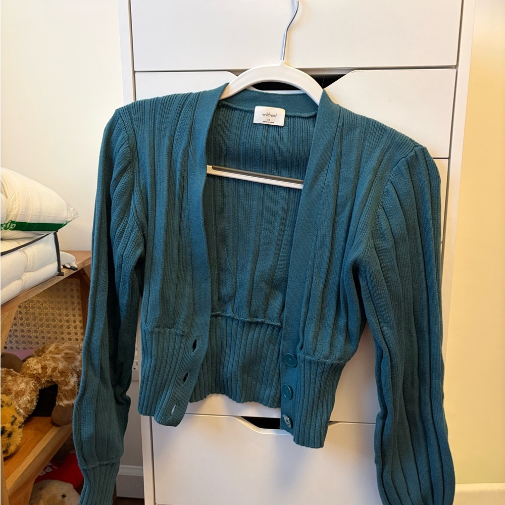 Wilfred Teal Ribbed Cropped Button-Front Cardigan